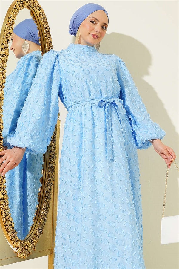 Balloon Sleeve Ring Bearded Dress Blue