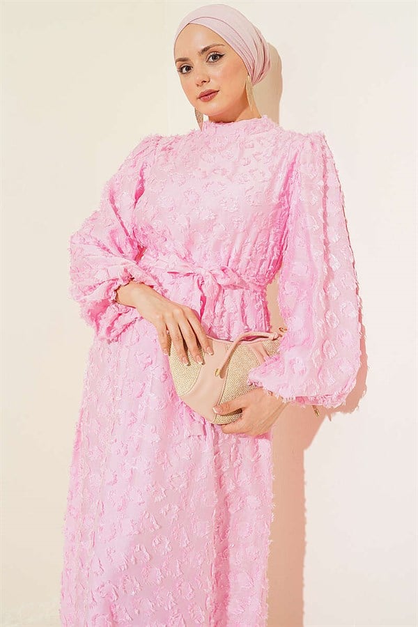 Balloon Sleeve Ring Bearded Dress Pink