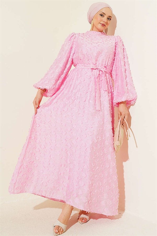 Balloon Sleeve Ring Bearded Dress Pink
