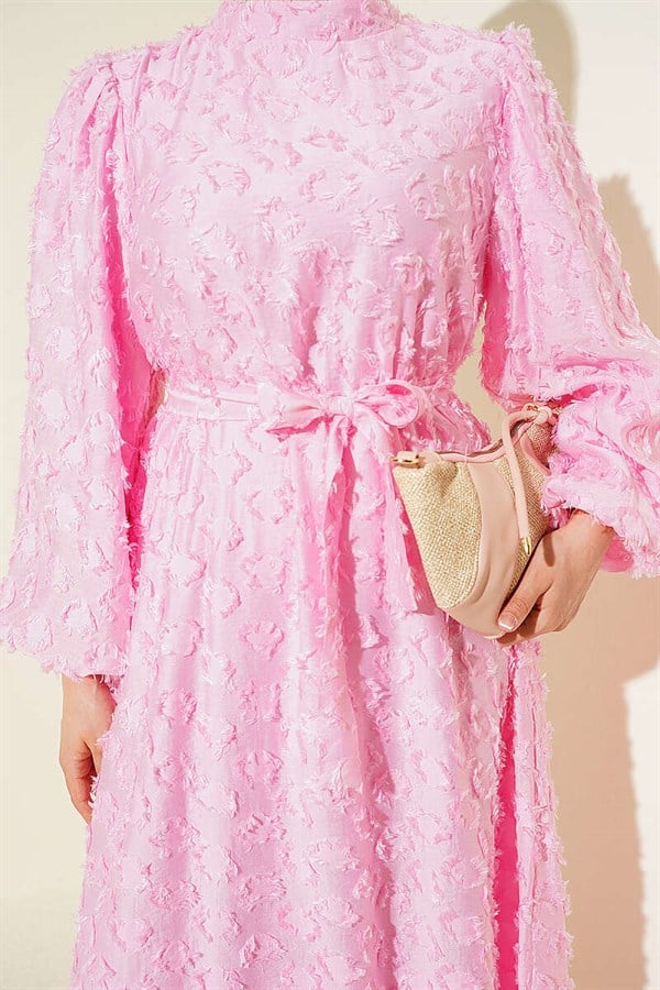 Balloon Sleeve Ring Bearded Dress Pink