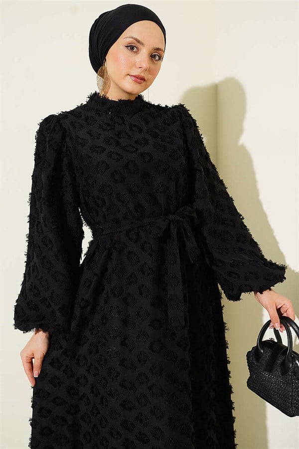 Balloon Sleeve Ring Bearded Dress Black