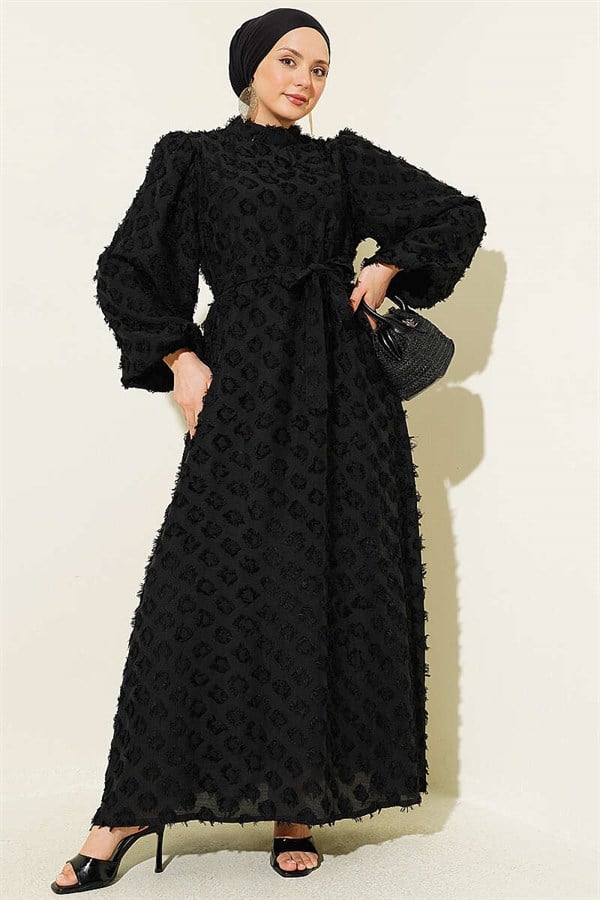 Balloon Sleeve Ring Bearded Dress Black
