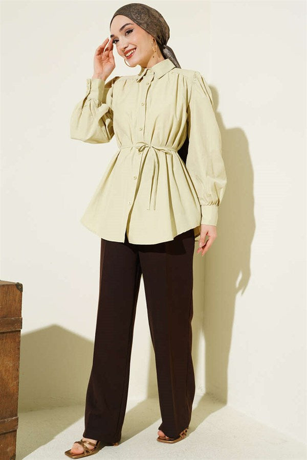 Balloon Sleeve Tunic with Drawstring Detail, Sage Color