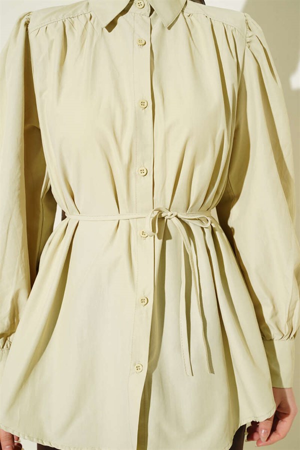 Balloon Sleeve Tunic with Drawstring Detail, Sage Color