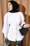 Balloon Sleeve Tunic with Drawstring Detail, White