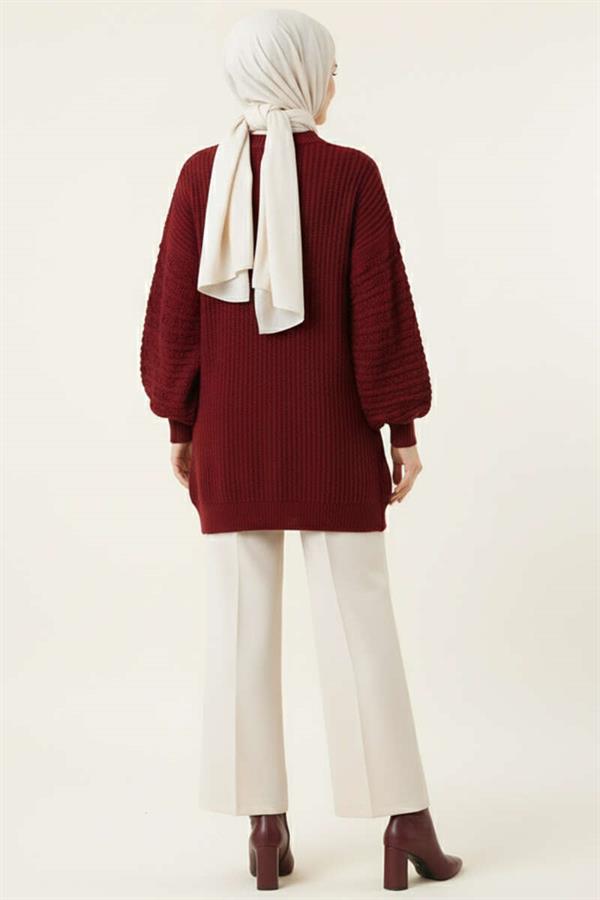 Balloon Sleeve Embossed Knit Tunic Claret Red