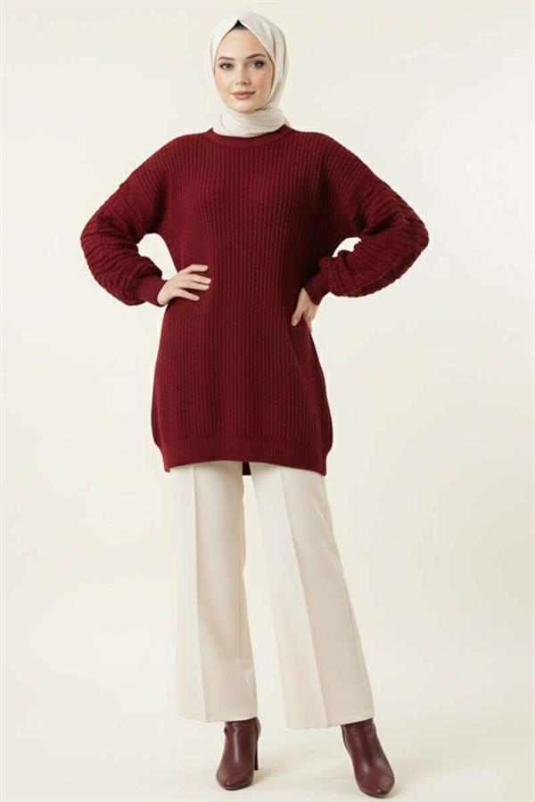 Balloon Sleeve Embossed Knit Tunic Claret Red