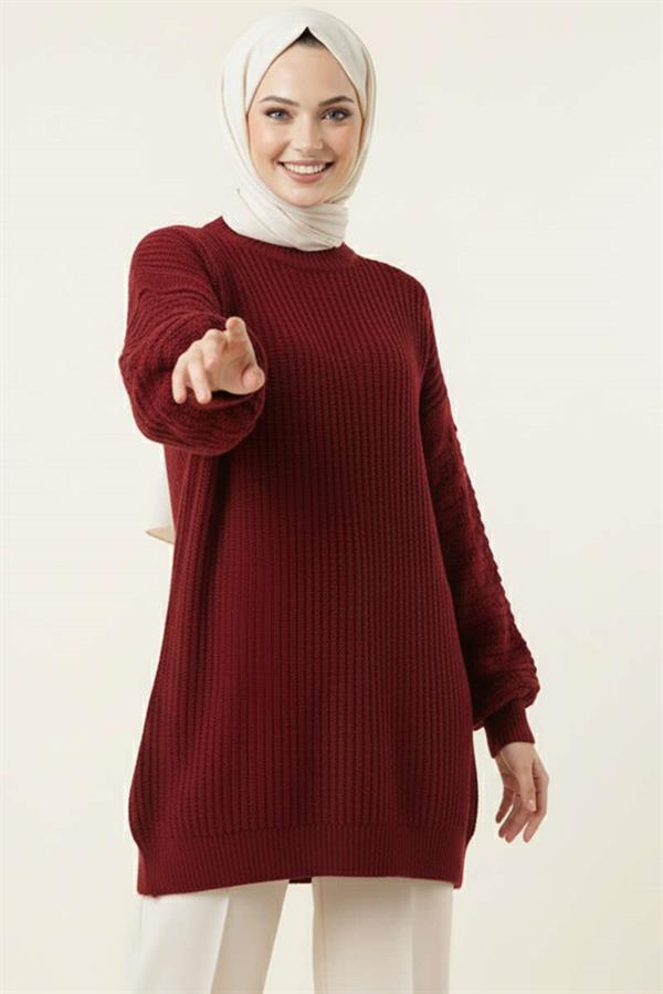Balloon Sleeve Embossed Knit Tunic Claret Red