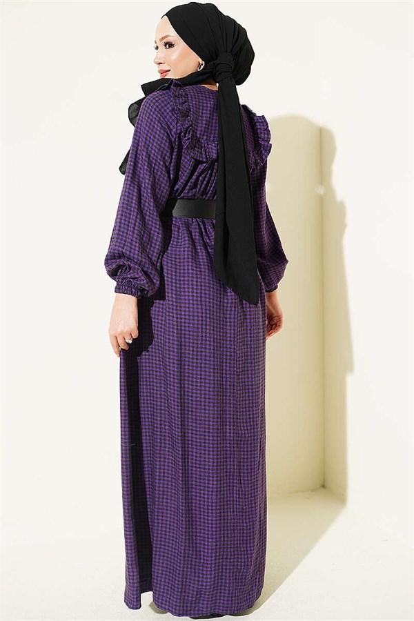 Balloon Sleeve Square Striped Dress Purple