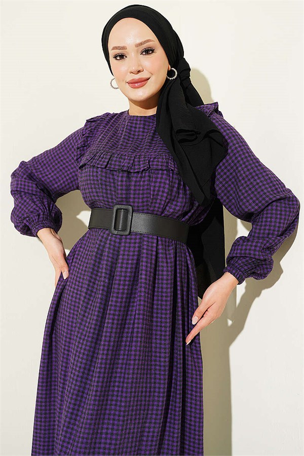 Balloon Sleeve Square Striped Dress Purple