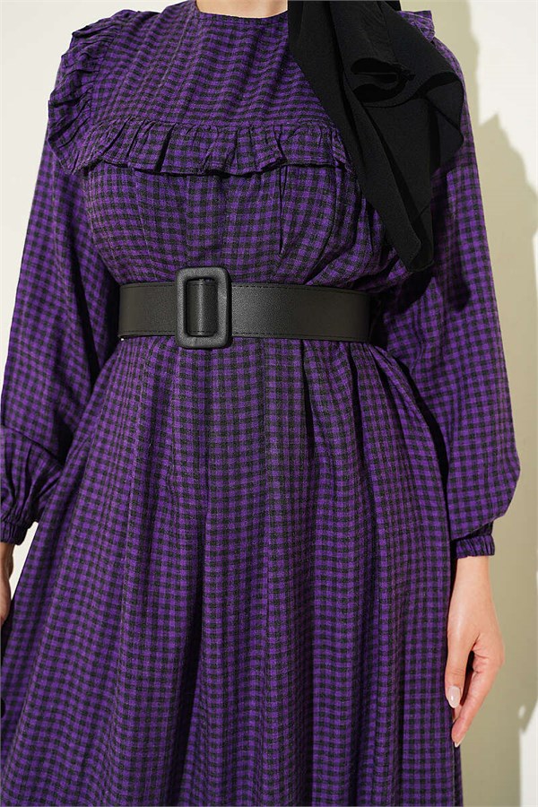 Balloon Sleeve Square Striped Dress Purple