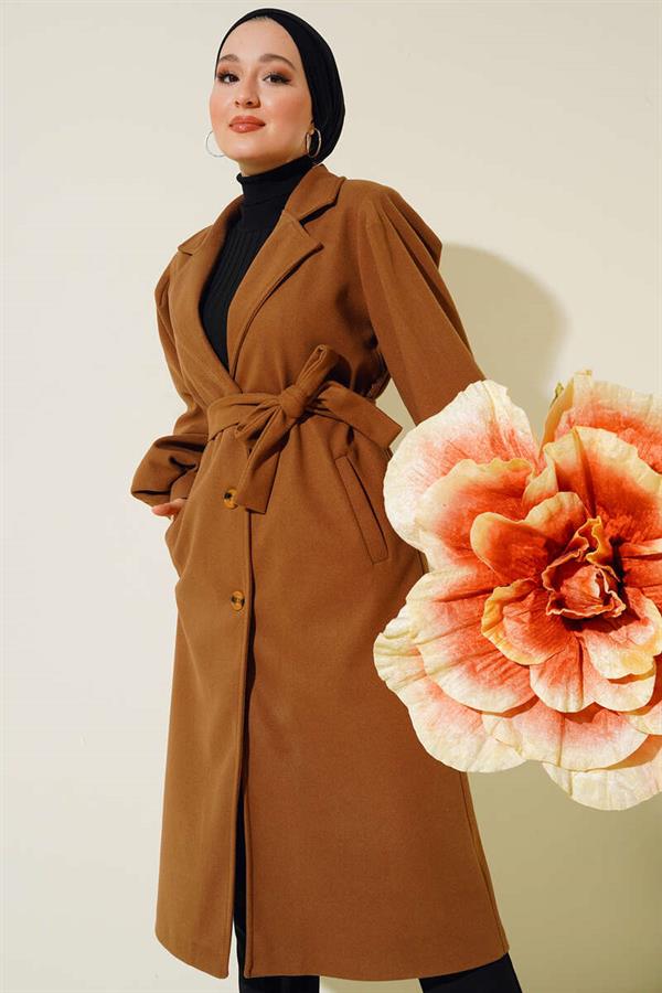 Balloon Sleeve Stamp Buttoned Coat Camel