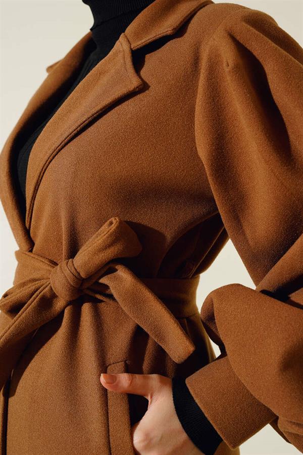 Balloon Sleeve Stamp Buttoned Coat Camel