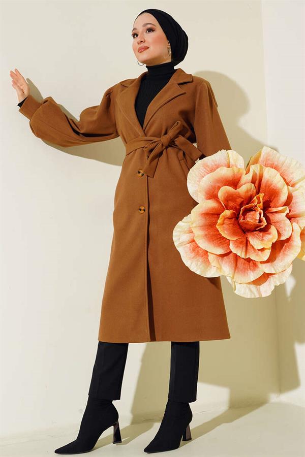 Balloon Sleeve Stamp Buttoned Coat Camel