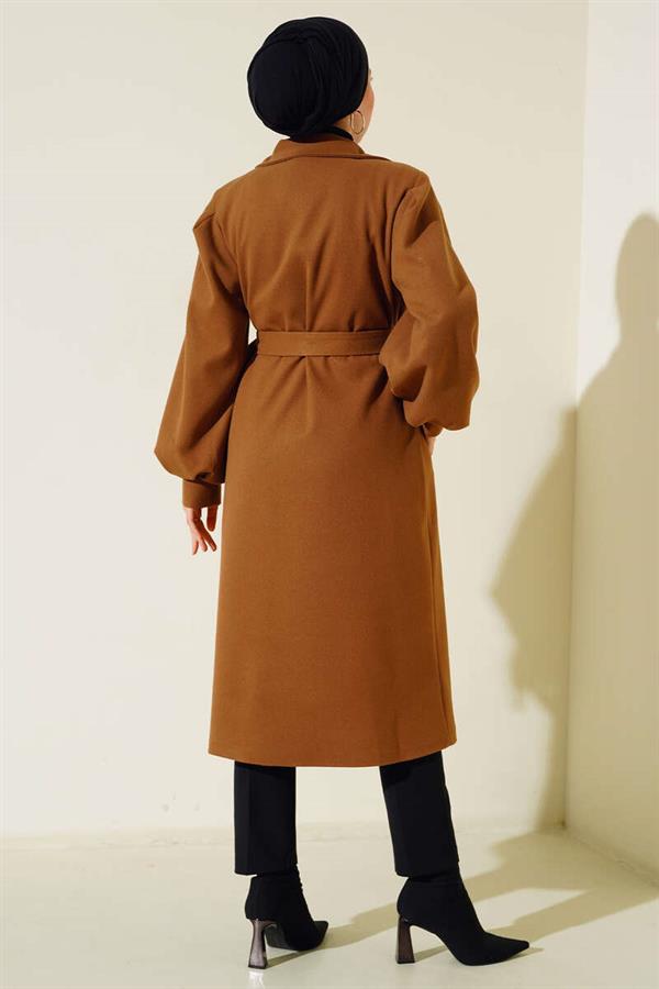 Balloon Sleeve Stamp Buttoned Coat Camel