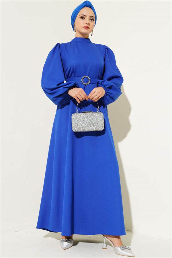 Balloon Sleeve Belted Flared Dress in Saxe