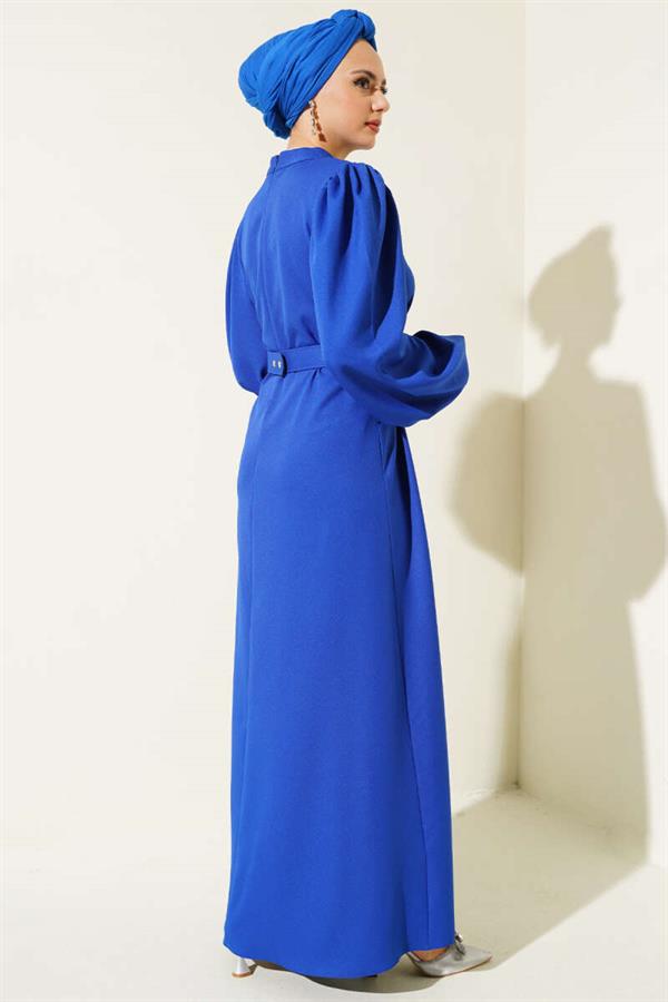 Balloon Sleeve Belted Flared Dress in Saxe