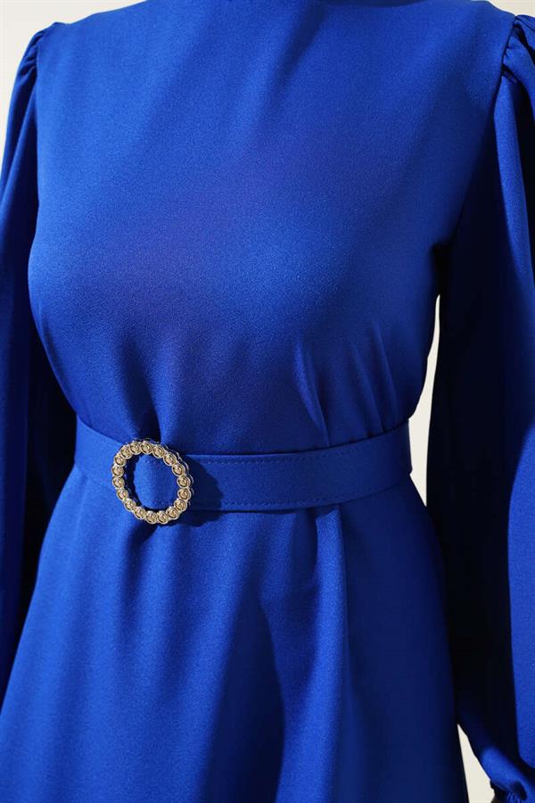 Balloon Sleeve Belted Flared Dress in Saxe