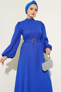 Balloon Sleeve Belted Flared Dress in Saxe