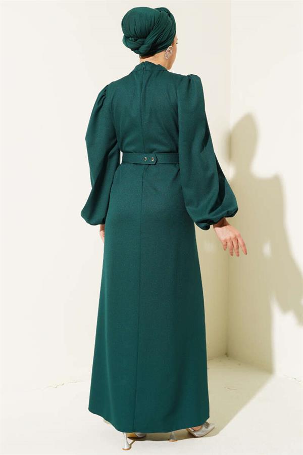 Balloon Sleeve Belted Flared Dress Emerald