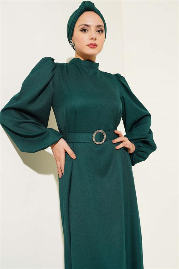 Balloon Sleeve Belted Flared Dress Emerald