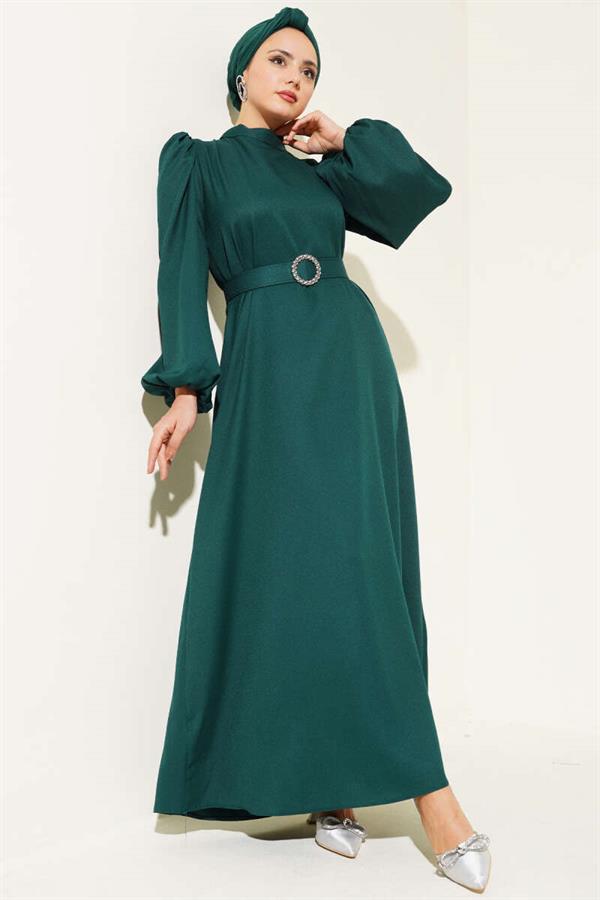 Balloon Sleeve Belted Flared Dress Emerald