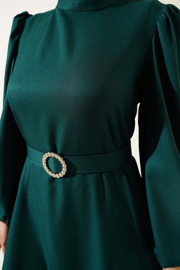 Balloon Sleeve Belted Flared Dress Emerald