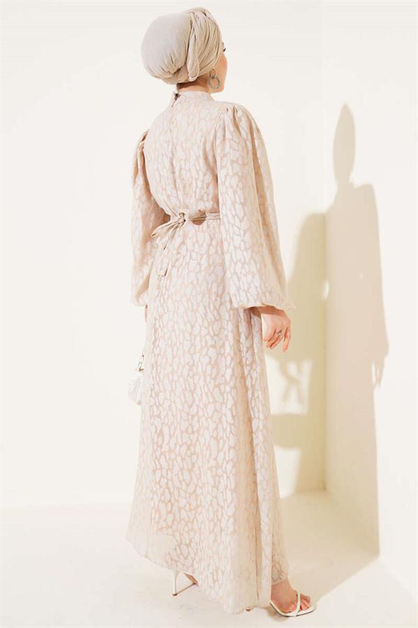 Balloon Sleeve Self Patterned Dress Beige