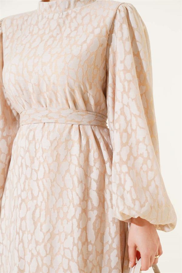 Balloon Sleeve Self Patterned Dress Beige