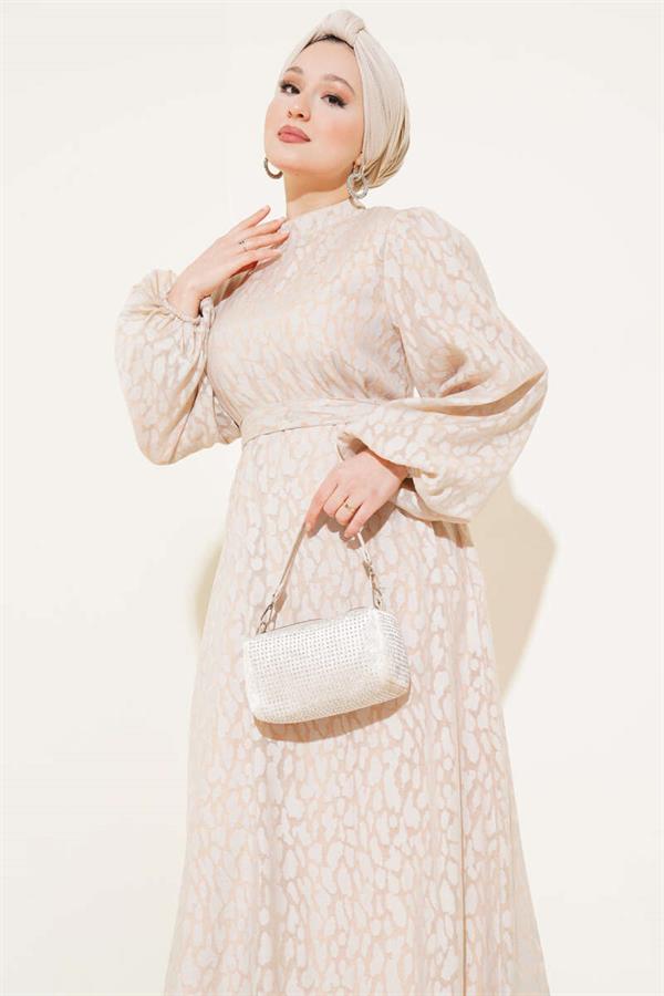 Balloon Sleeve Self Patterned Dress Beige