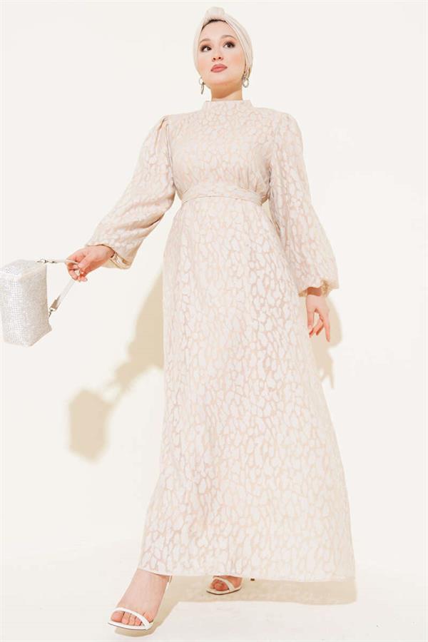 Balloon Sleeve Self Patterned Dress Beige