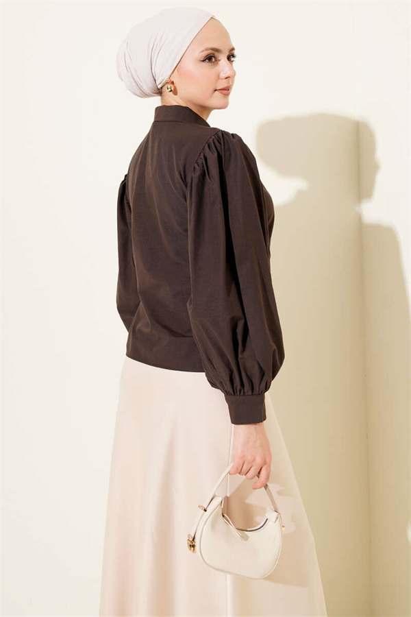 Balloon Sleeve Short Shirt Dark Brown