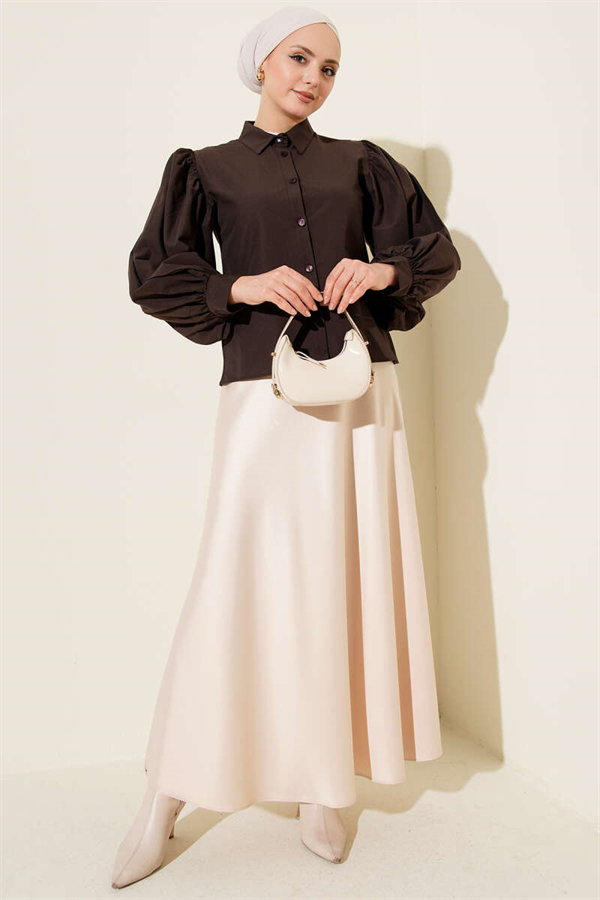 Balloon Sleeve Short Shirt Dark Brown
