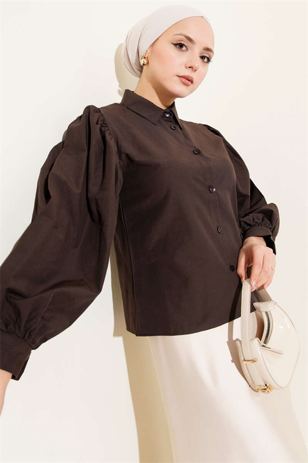 Balloon Sleeve Short Shirt Dark Brown