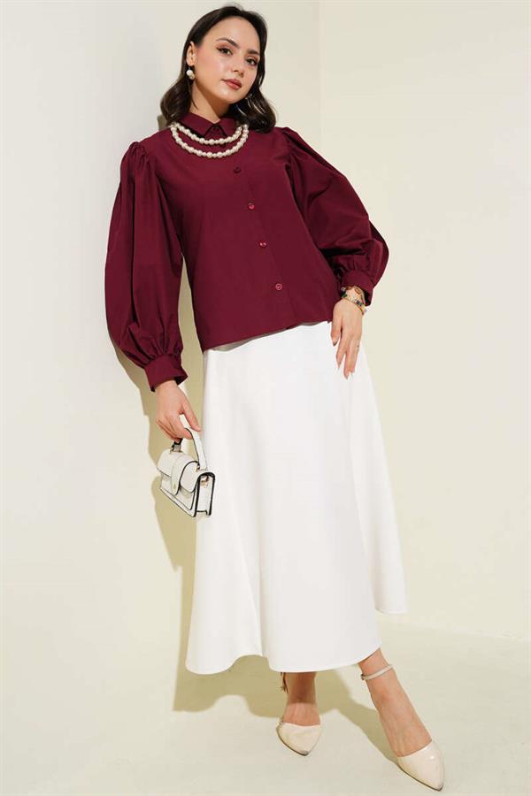 Balloon Sleeve Short Shirt Claret Red