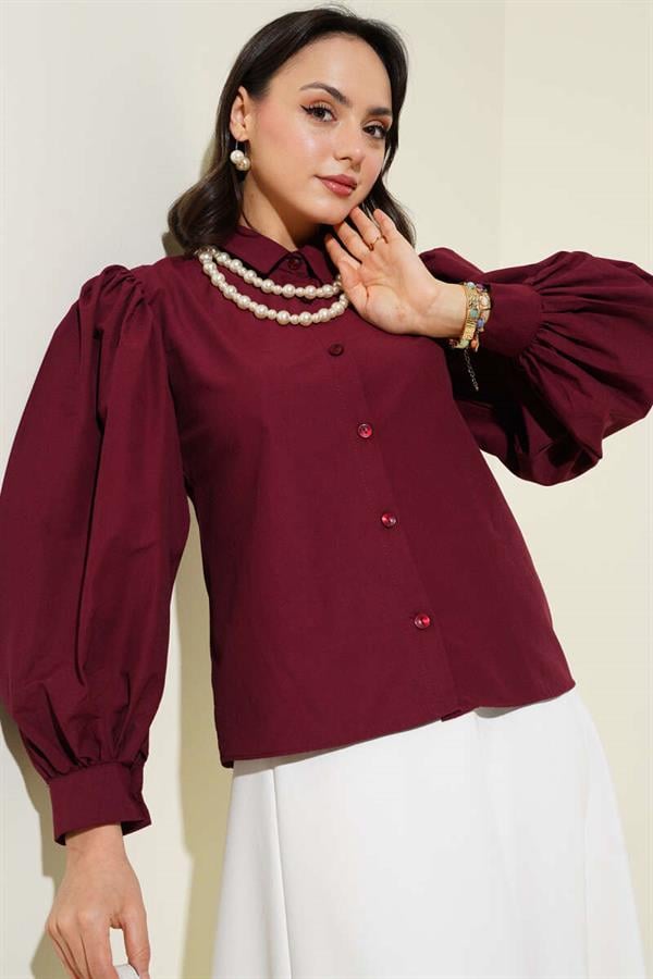 Balloon Sleeve Short Shirt Claret Red