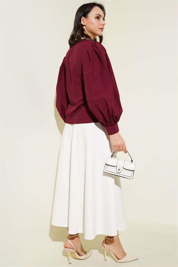 Balloon Sleeve Short Shirt Claret Red