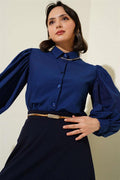 Balloon Sleeve Short Shirt Navy Blue