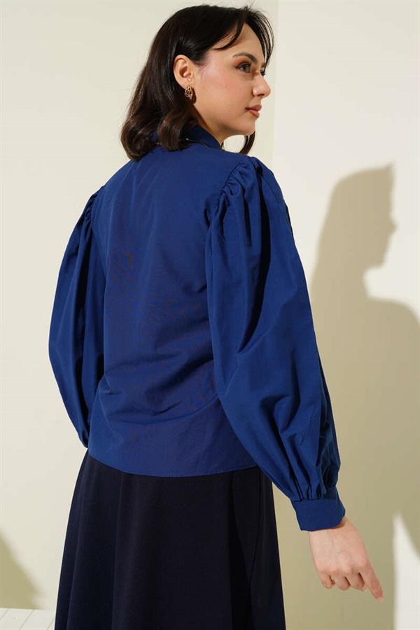 Balloon Sleeve Short Shirt Navy Blue