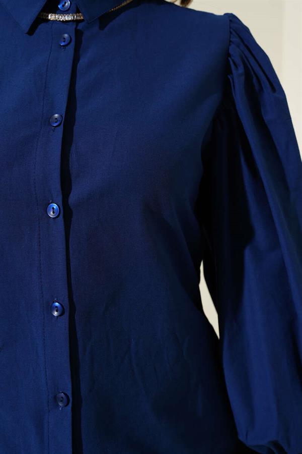 Balloon Sleeve Short Shirt Navy Blue