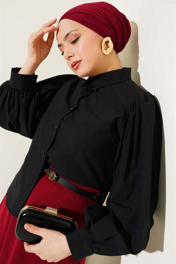 Balloon Sleeve Short Shirt Black