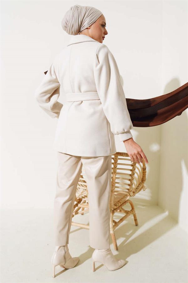 Balloon Sleeve Short Cashmere Coat Ecru