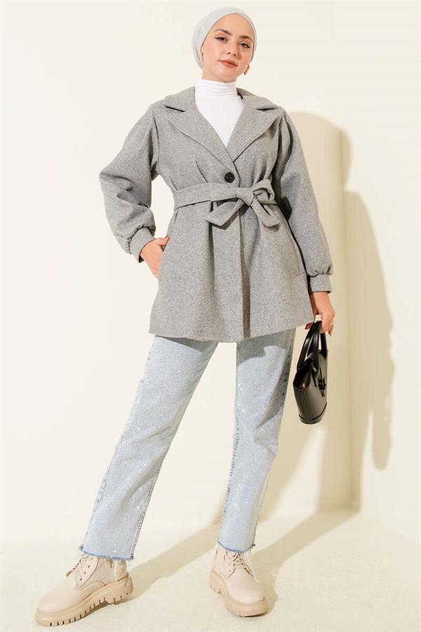 Balloon Sleeve Short Cashmere Coat Gray