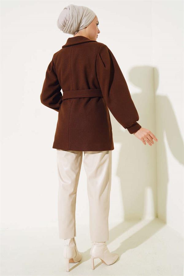 Balloon Sleeve Short Cashmere Coat Brown