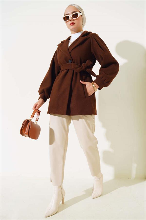 Balloon Sleeve Short Cashmere Coat Brown