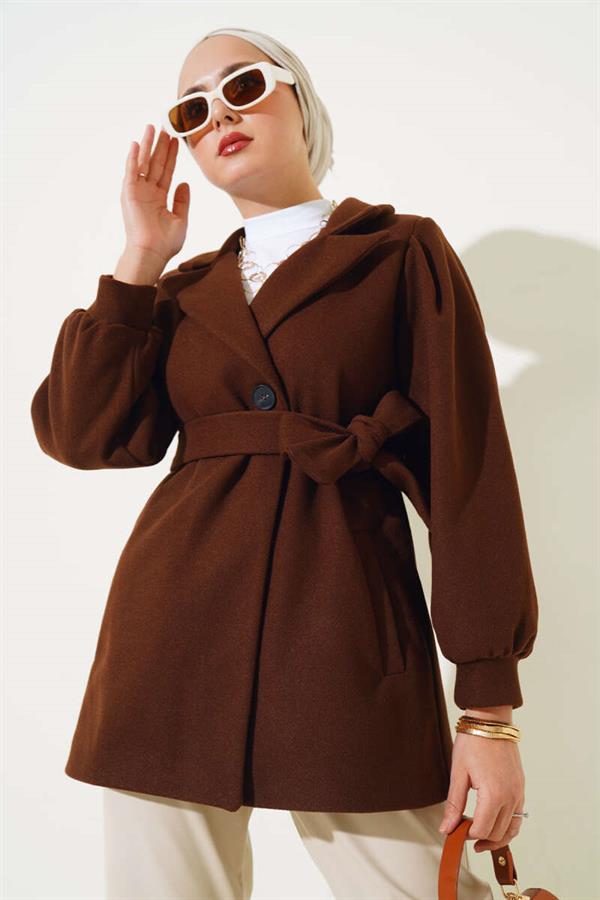 Balloon Sleeve Short Cashmere Coat Brown