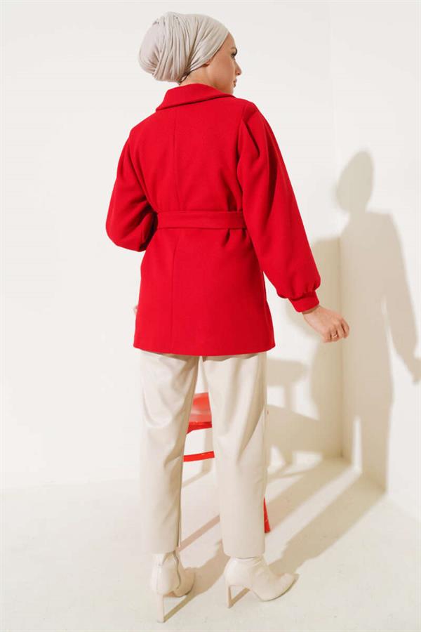 Balloon Sleeve Short Cashmere Coat Red