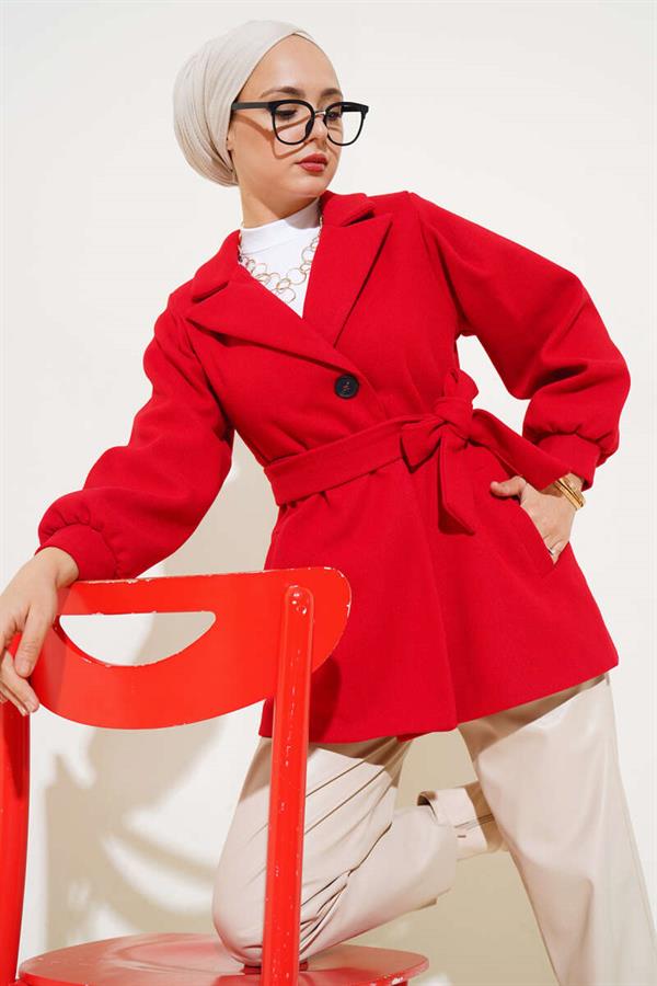 Balloon Sleeve Short Cashmere Coat Red