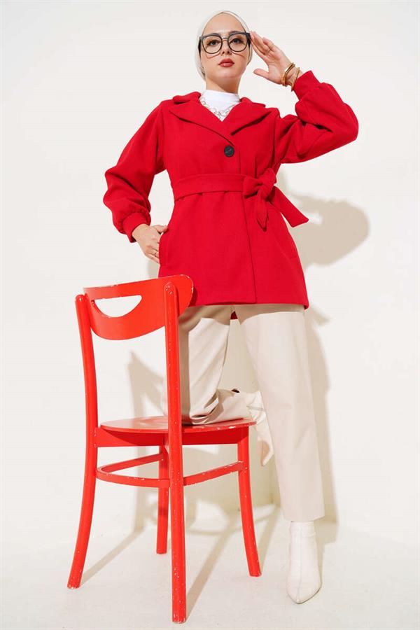 Balloon Sleeve Short Cashmere Coat Red