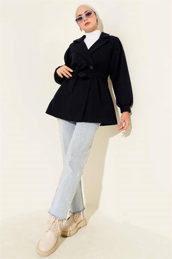 Balloon Sleeve Short Cashmere Coat Navy Blue
